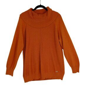 Calvin Klein Sweater Mustard Ribbed Cowl Neck Womens Size L Cotton Blend